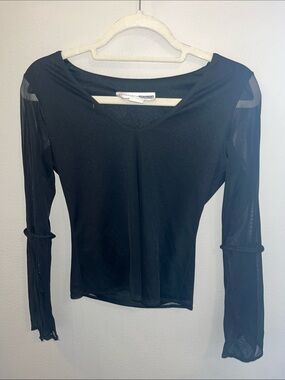 Y2K Black Double Layer V-Neck with Mesh Ling Sleeve Top Women XS/S